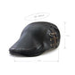Black PU leather peaked cap with lace-up strap and metal eyelets, size shown.