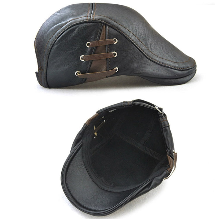 Black PU leather peaked cap shown front and back views, with lace-up strap.