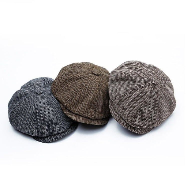 Three octagonal snap beret hats in different herringbone colors, side-by-side