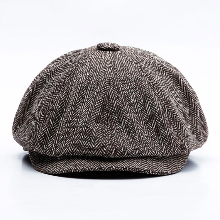Octagonal snap beret hat with dark herringbone stripe weave and cuffed brim