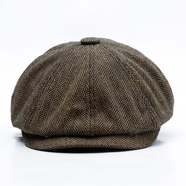 Octagonal snap beret hat in brown herringbone stripe fabric with stitched brim