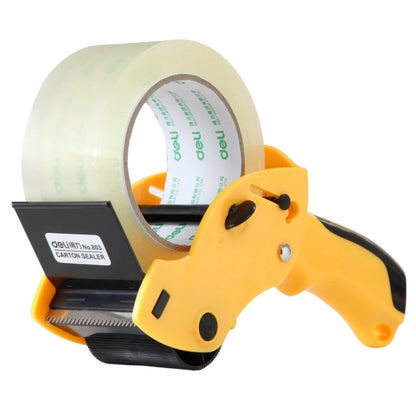 Carton sealing tape dispenser with clear tape roll, yellow handle and black cutting guide