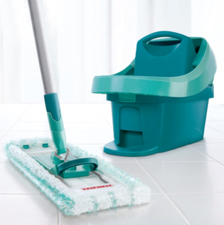 Steam mop microfiber pad set with teal steam mop base and handle