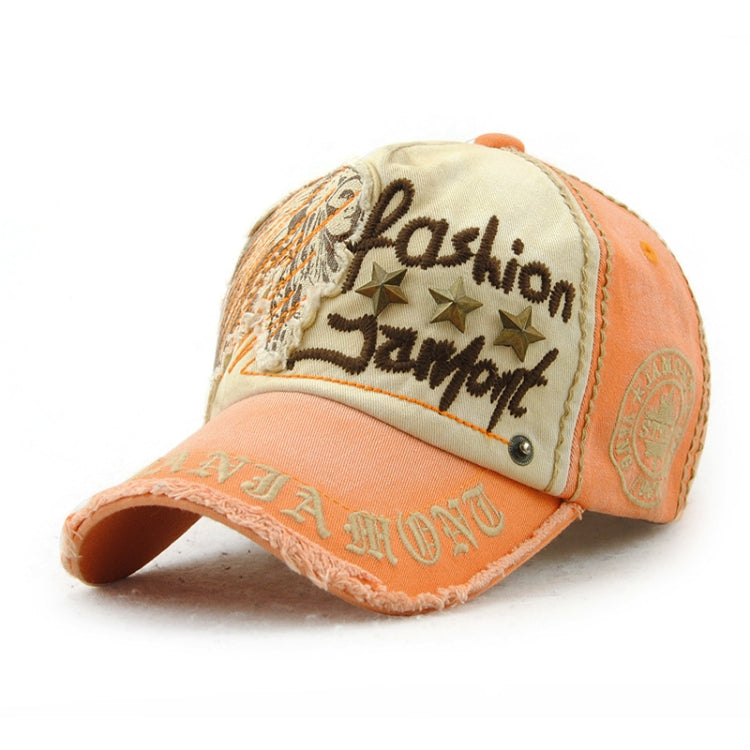 Casual baseball cap in cream and peach with embroidered letters, star accents, and front patch.