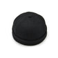 Black flanged landlord hat, top view with centered crown seam and button.