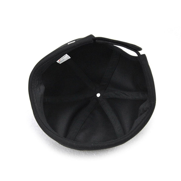 Black landlord hat interior with ventilation panel and adjustable strap.