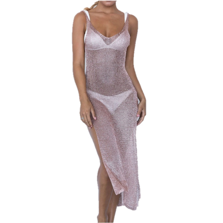 Rose-silver mesh strap dress with side slit hem