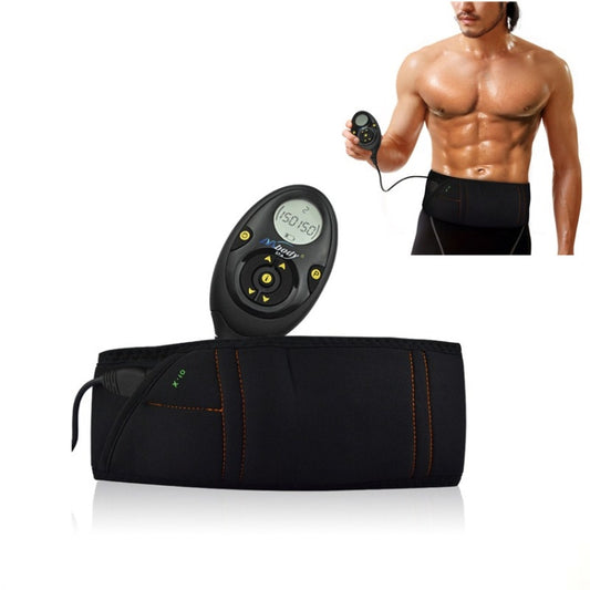 Black abdominal slimming belt with wireless controller pad and orange trim stitching