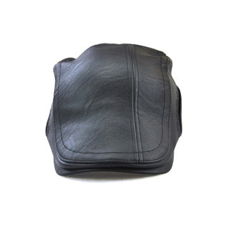 Black PU leather peaked cap back view with seam panels