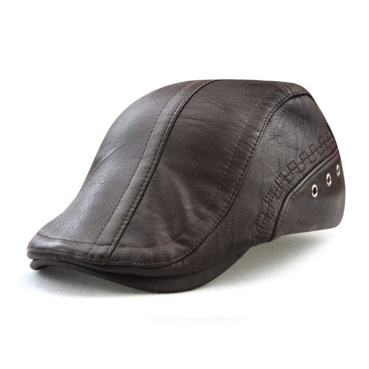 Dark coffee PU leather perforated peaked cap with eyelet studs