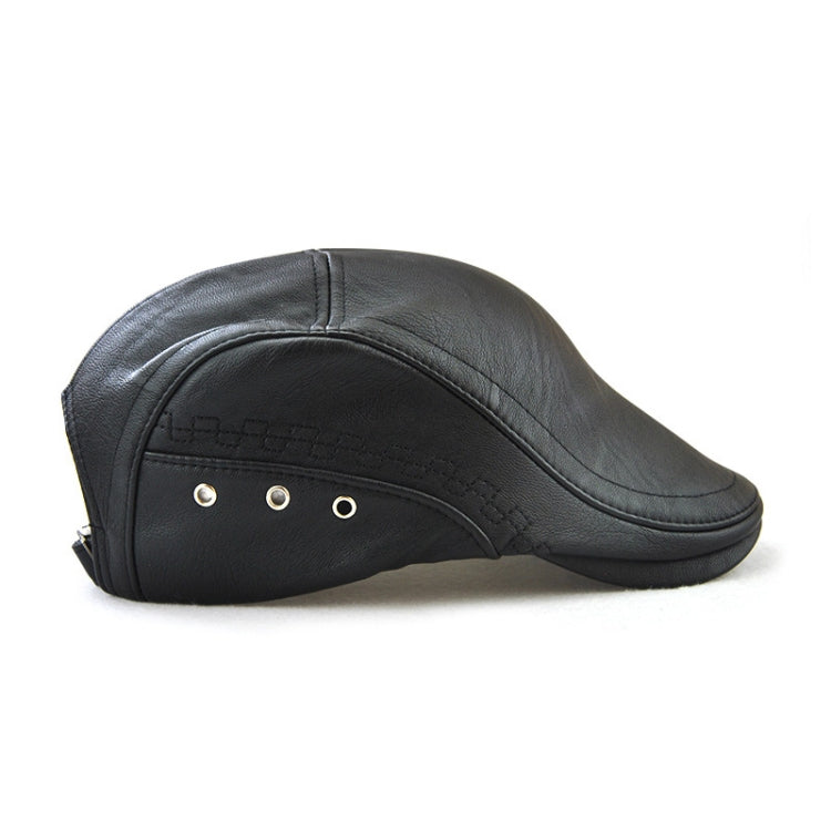Black PU leather peaked cap with three eyelet studs and curved side panel
