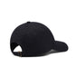 Black baseball cap with adjustable strap and gold-tone buckle, curved brim