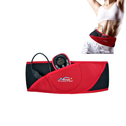 Red and black fitness slimming belly belt with round control module and wires