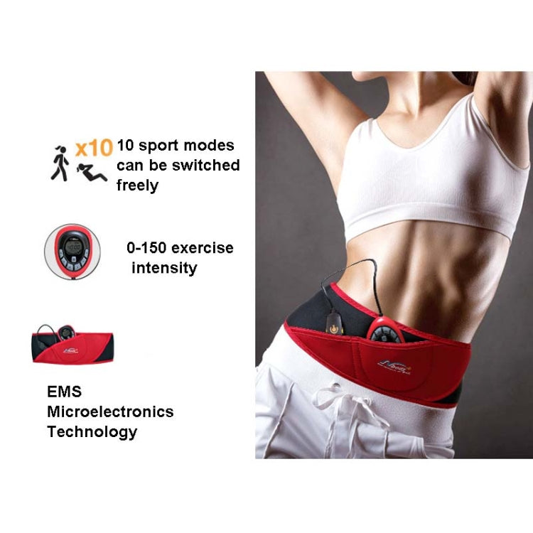 Red belly slimming belt worn around the waist with controller attached