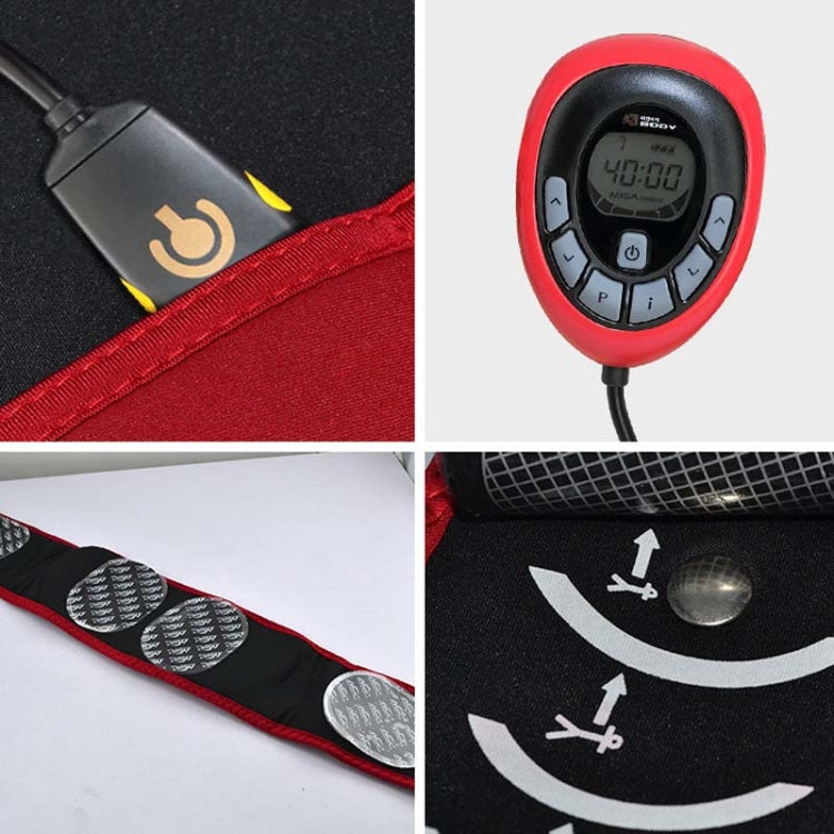 Red and black belt with controller buttons and electrode pad pattern on strap