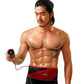 Red and black slimming belt worn around waist with handheld controller unit