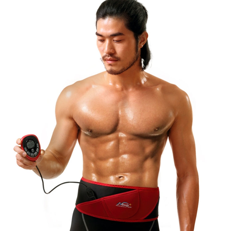Red and black slimming belt worn around waist with handheld controller unit