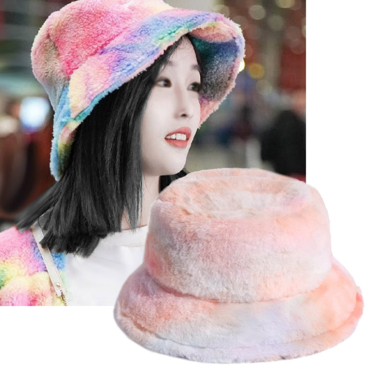 Plush rainbow fisherman bucket hat with wide brim, pastel pink, blue, and purple.