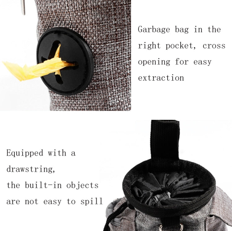 Pet training waist bag in light gray with black front pocket and drawstring opening