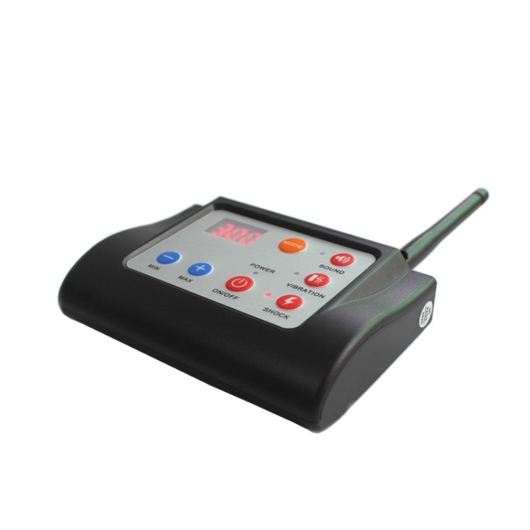 Wireless dog trainer remote with LCD readout and antenna on matte black housing