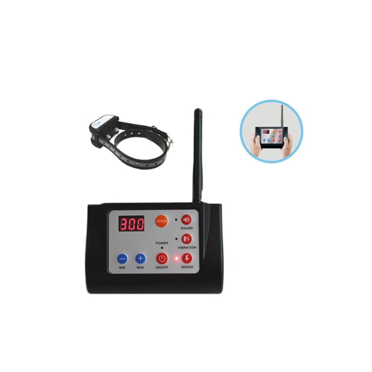 Wireless dog trainer remote with receiver collars, showing LCD controls and antenna