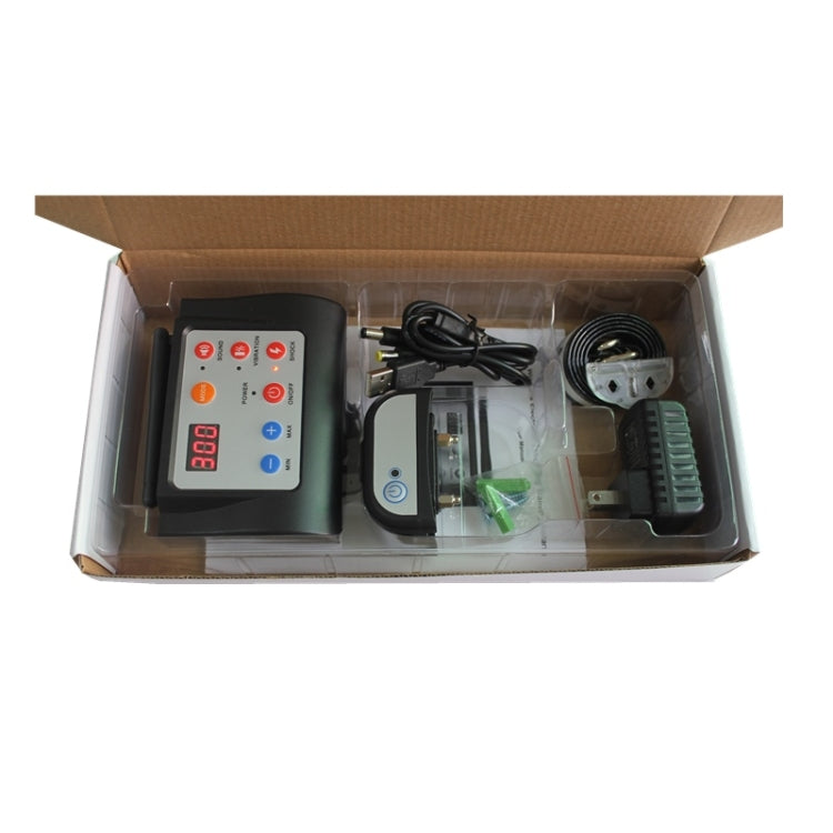 Dog training system components in open box: remote, collars, cables, and power adapter