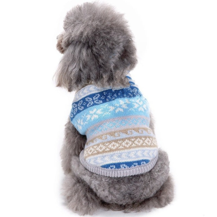Blue knitted pet sweater with fair isle snowflake pattern and crew neck