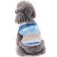 Blue knitted pet sweater back view with striped fair isle snowflake pattern
