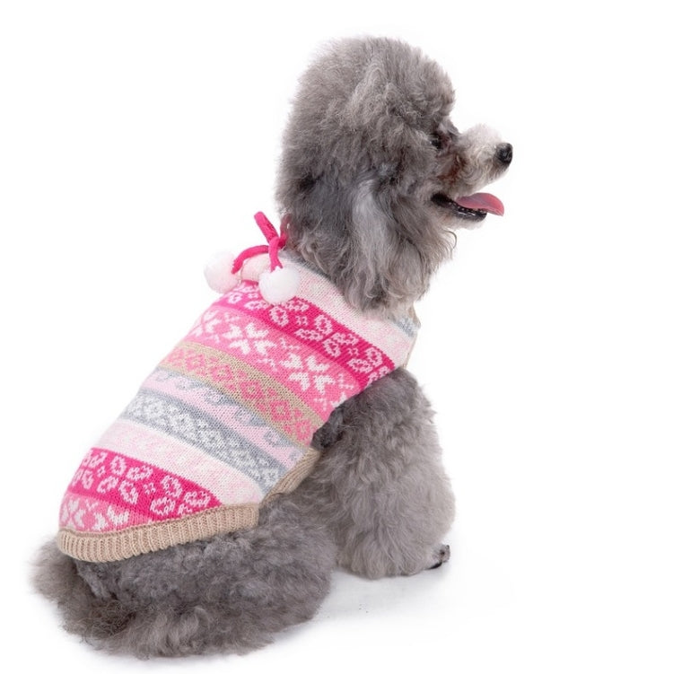 Pink knitted pet sweater side view with fair isle snowflake pattern and pom-pom