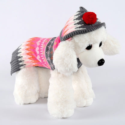 Pet hooded knit sweater costume on dog, pink/orange/gray pattern with red pom-pom hood