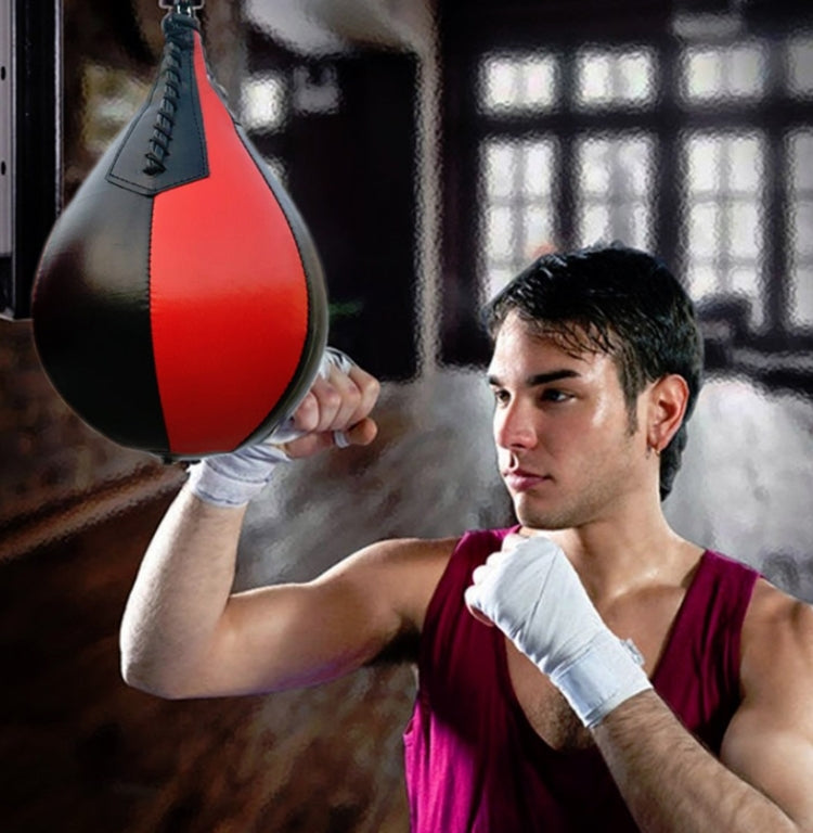 Hanging boxing speed ball, red and black teardrop with chain and adjustable attachment