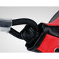 Boxing speed ball attachment close-up, black rope and glove gripping red surface