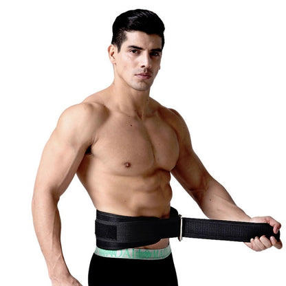 Men's black weightlifting waist belt with adjustable strap and buckle