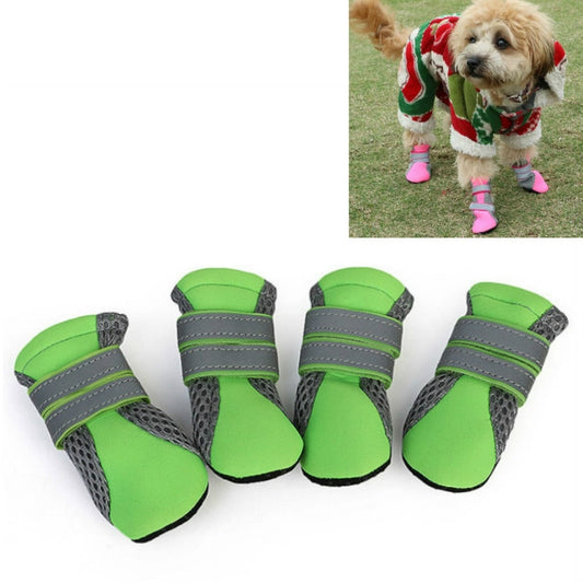 Set of four green and gray dog shoes with hook-and-loop straps