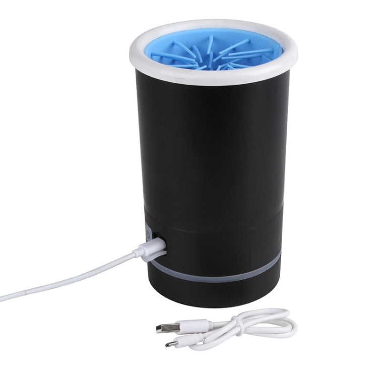 Pet foot-washing cup, black body with white rim, blue brush tray and power cord