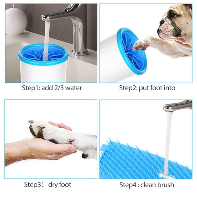 Pet footbath steps showing water fill, drying, and cleaning brush