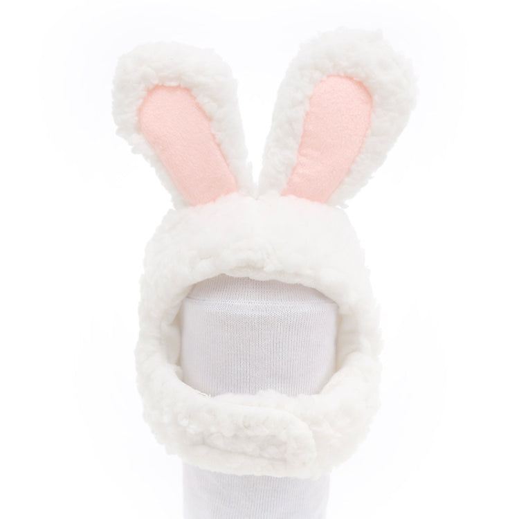 White rabbit pet hat with pink inner ears and plush fuzzy hood opening