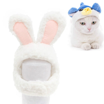 White rabbit pet hat with pink inner ears and soft fuzzy hood opening