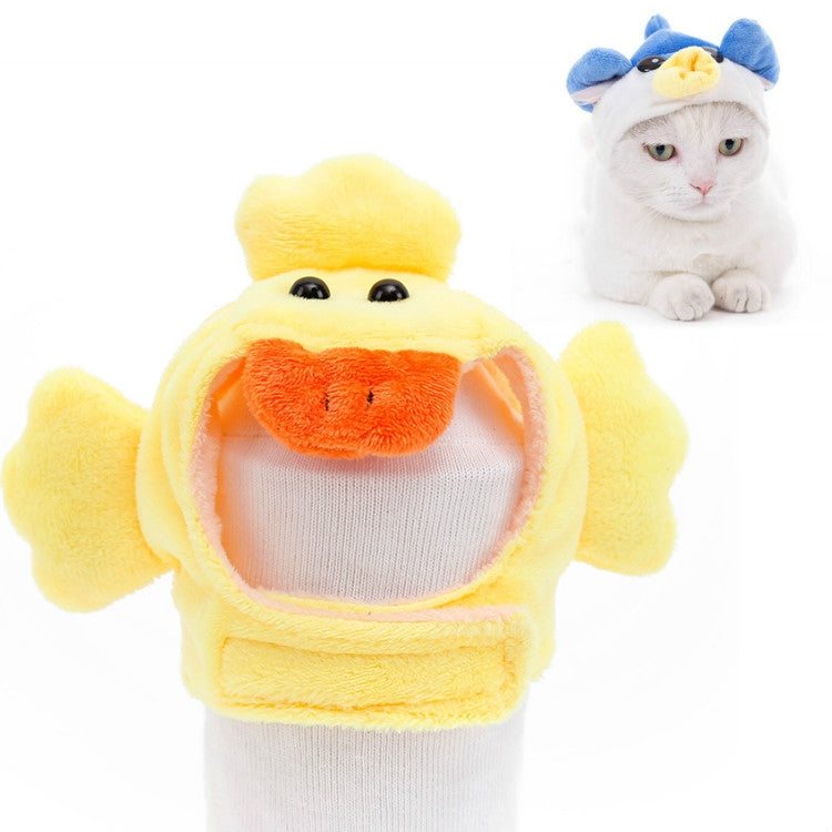 Yellow duck pet hat with orange beak and black eye details