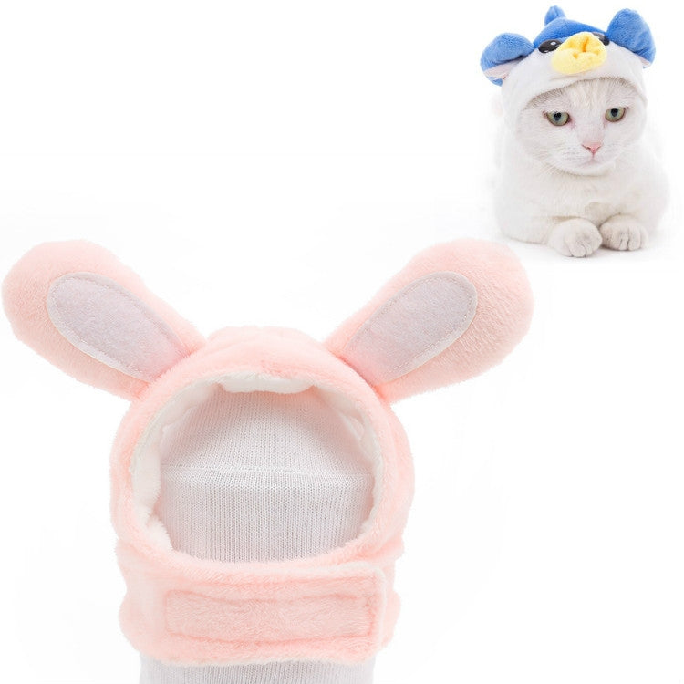 Pink plush bunny pet hat with gray knit opening and soft ear lining