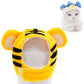 Yellow tiger plush pet hat with black stripe face and gray knit opening