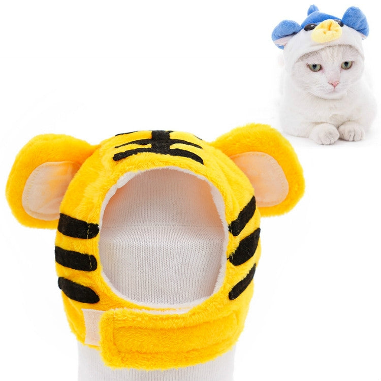 Yellow tiger plush pet hat with black stripe face and gray knit opening