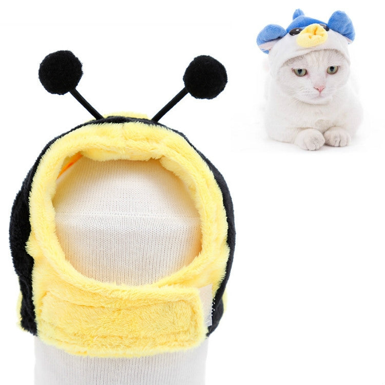 Yellow and black bee plush pet hat with antennae and gray knit opening