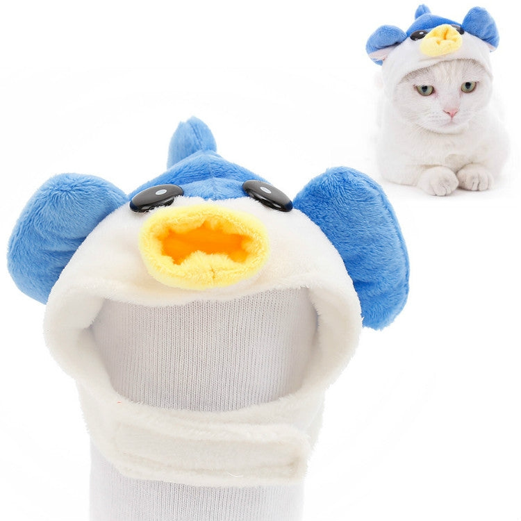 Blue plush duck-style pet hat with yellow beak on a cat, gray knit opening