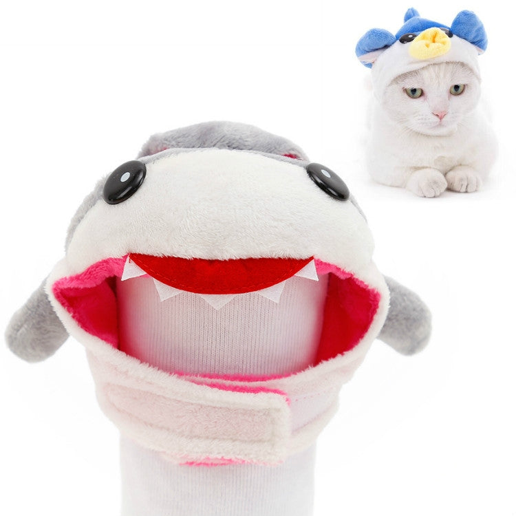 Shark plush pet hat with gray body, red mouth lining, and open face panel