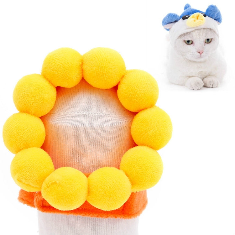 Sunflower plush pet hat with yellow petal plush and orange bottom trim, open face panel