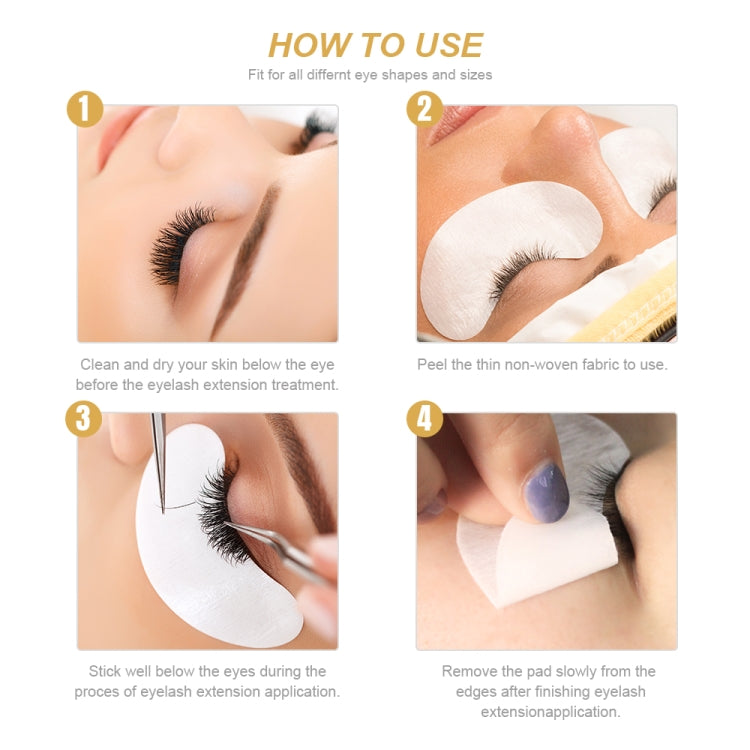 Under-eye patch being applied under eyelashes, white half-moon pad on skin