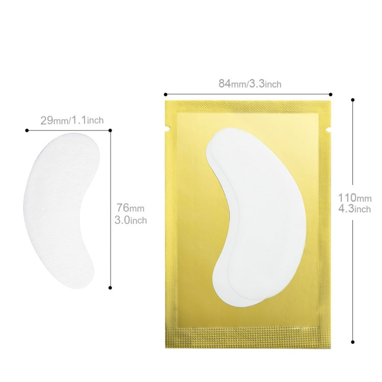 White half-moon under-eye patch pad with gold packet, size reference arrows