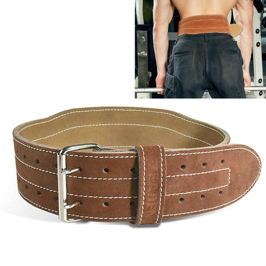 Brown leather weightlifting belt with silver buckle and stitched keeper strap