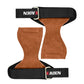 Brown suede wrist assist gloves with black straps, EADEN logo patch, and metal buckles